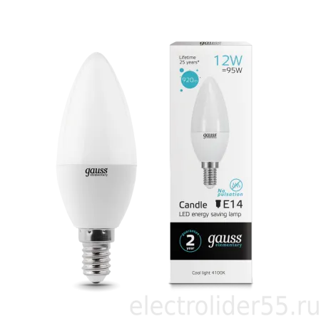Лампа светодиодная LED 12Вт=95Вт Е14 свеча Candle холодный 4100K 920Лм Gauss Elementary