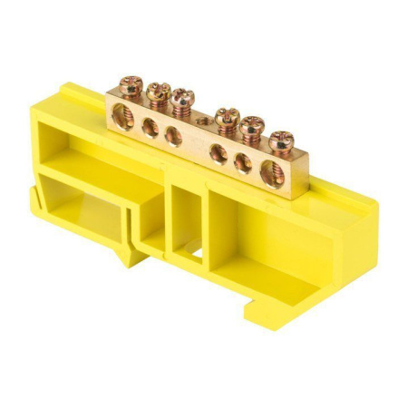 Шина 6 отверстий "0" N (6x9мм) латунь изолятор желтый крепеж на DIN-рейку (уп.1шт) EKF PROxima
